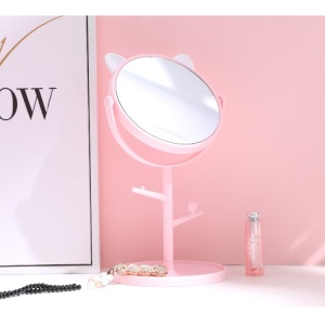 Oglina Cosmetica cu Picior, Flippy, HD, Rotire 360 Grade, 15 cm Diametru, Suport Bijuterii Baza Rotunda + 2 Brate, Model cu Urechi, 31 x 14.5 x 15 cm, din Plastic, Roz/Alb - Img 5