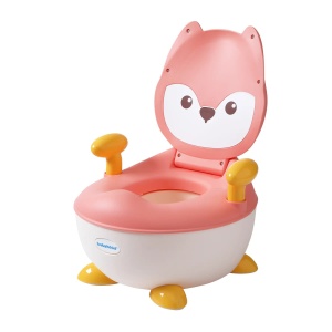 Olita pentru Copii, Flippy, +6 luni, Compartiment Detasabil, cu Capac, Antiderapanta, din Plastic, Colac Moale, Model Animat Vulpe, cu Maner, 34.5 x 35 x 23 cm, Roz/Alb - Img 3