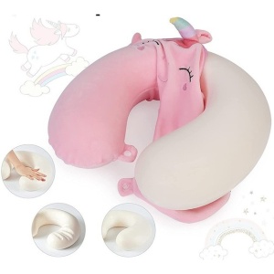 Perna de Calatorie in Forma de U, Flippy, Pentru Gat si Cap, Umplutura din Spuma cu Memorie, 30x30 cm, Model Unicorn, Accesoriu de Voiaj, Birou, Masina, Sistem Prindere Capse, Roz - Img 5