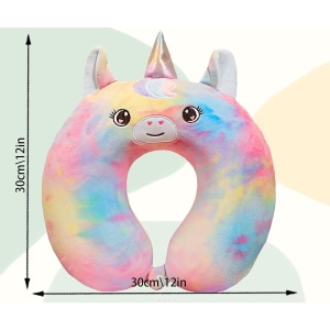 Perna de Calatorie in Forma de U, Flippy, Pentru Gat si Cap, Umplutura din Spuma cu Memorie, 30x30 cm, Model Unicorn, Accesoriu de Voiaj, Birou, Masina, Sistem Prindere Capse, Multicolor - Img 4
