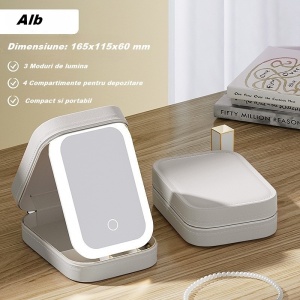 Portfard, Flippy, Geanta Cosmetice, cu Oglinda LED, 3 Moduri de Lumina, Incarcare USB, Baterie 1200 mAh, pentru Organizarea Cosmeticelor, 4 Compartimente, Imitatie Piele, Alb, 16.5x11.5x6 cm - Img 3