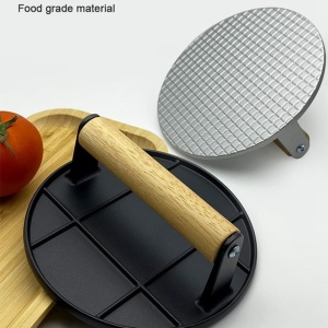 Presa Manuala pentru Carne, Flippy, din Aliaj de Aluminiu, Maner din Lemn, Presa pentru Burgeri, Usor de Curatat si Folosit, Rotunda, 16x16x6 cm, Neagra - Img 10