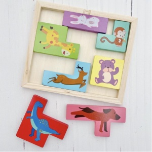 Puzzle din Lemn Flippy, Tip Tetris, +4 Ani, cu Animale Colorate 3D, 7 Piese, Multicolor - Img 6