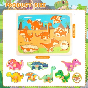 Puzzle Montessori din Lemn pentru Copii, Flippy, 3D, 0-3 Ani, Model Dinozauri, Educativ, Intuitiv, Creativ, 8 Piese, 30x22.5x0.8 cm, Multicolor - Img 4