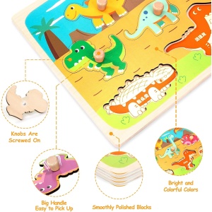 Puzzle Montessori din Lemn pentru Copii, Flippy, 3D, 0-3 Ani, Model Dinozauri, Educativ, Intuitiv, Creativ, 8 Piese, 30x22.5x0.8 cm, Multicolor - Img 6