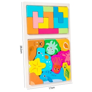 Puzzle Montessori din Lemn pentru Copii, Flippy, Tip Tetris 2in1 +3 Ani, cu Animale Marine Colorate 3D, Educativ, Intuitiv, Creativ, 21 de Piese, 28.5x17x1.2 cm, Multicolor - Img 7