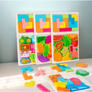 Puzzle Montessori din Lemn pentru Copii, Flippy, Tip Tetris 2in1 +3 Ani, cu Fructe Colorate 3D, Educativ, Intuitiv, Creativ, 21 de Piese, 28.5x17x1.2 cm, Multicolor - Img 5