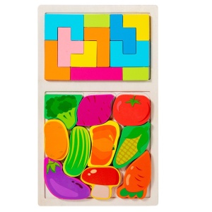 Puzzle Montessori din Lemn pentru Copii, Flippy, Tip Tetris 2in1 +3 Ani, cu Legume Colorate 3D, Educativ, Intuitiv, Creativ, 21 de Piese, 28.5x17x1.2 cm, Multicolor - Img 1