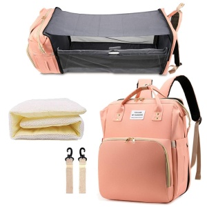 Rucsac Multifunctional pentru Mamici, Flippy, cu Patut Pliabil si Baza de Schimbat, Rezistent la Apa, Capacitate Mare, Usor, Compartimente Multiple, Buzunar Termic pentru Lapte, 42 x 32 x 22 cm, Roz Pudra - Img 3