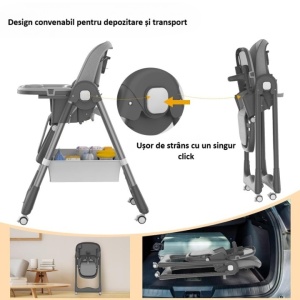 Scaun de Masa pentru Bebelusi si Copii, Flippy, 2 Tavite si Husa Detasabile, Multifuncțional, Stabil, Centura de Siguranta, Inaltime Ajustabila, Spatar Reglabil Moale, Cos de Depozitare, 100x50x80cm, de la 6 Luni, Gri - Img 4