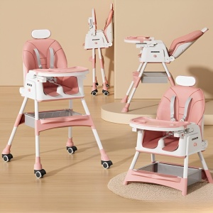 Scaun de Masa pentru Bebelusi si Copii Flippy, cu Roti, cu Tetiera, Telescopic, Pliabil, Masuta Reglabila, Suport Picioare, Scaun cu Invelis Piele Artificiala, Centura Siguranta, Spatiu Depozitare, 97 x 73 x 65 cm, Roz - Img 6
