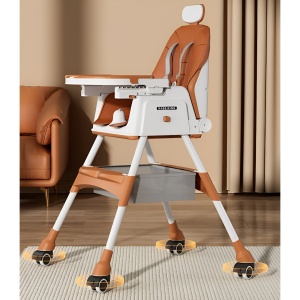 Scaun de Masa pentru Bebelusi si Copii Flippy, cu Roti, cu Tetiera, Telescopic, Pliabil, Masuta Reglabila, Suport Picioare, Scaun cu Invelis Piele Artificiala, Centura Siguranta, Spatiu Depozitare, 97 x 73 x 65 cm, Maro - Img 6