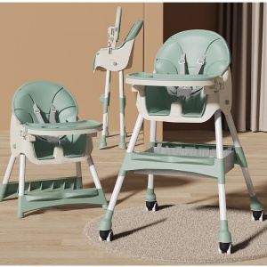 Scaun de Masa pentru Bebelusi si Copii, Flippy, cu Roti, Telescopic, Pliabil, Masuta Reglabila, Suport Picioare, Scaun cu Invelis Piele Artificiala, Centura Siguranta, Spatiu Depozitare, 97x73x65 cm, Verde - Img 4