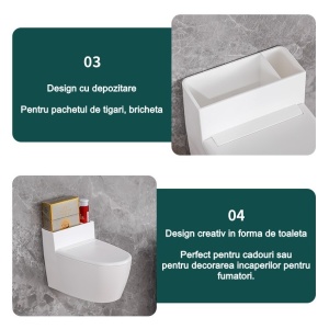 Scrumiera creativa Flippy, Forma de Toaleta, Capac Alb , Material ABS si Otel Inoxidabil, 12.5 x 10 x 8 cm, Fixare prin Lipire sau De Sine Statator, pentru Baie, Camera, Bucatarie, Balcon, Alb, model 2 - Img 10