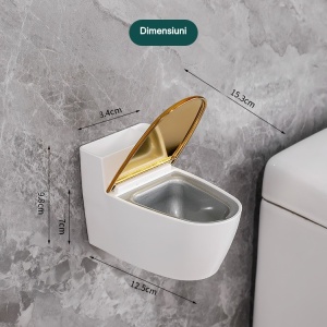 Scrumiera creativa Flippy, Forma de Toaleta, Capac Auriu, Material ABS si Otel Inoxidabil, 12.5 x 9.8 x 8.4 cm, Fixare prin Lipire sau De Sine Statator, pentru Baie, Camera, Bucatarie, Balcon, Auriu - Img 3