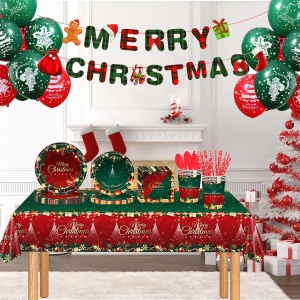 Set 119 Piese, Flippy, pentru Masa de Craciun, Farfurii 18 cm, Farfurii 23 cm, Pahare, Servetele, Tacamuri, Fata de Masa, Ghirlanda, Paie, Rosu/Verde - Img 2