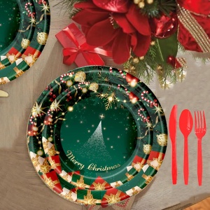 Set 119 Piese, Flippy, pentru Masa de Craciun, Farfurii 18 cm, Farfurii 23 cm, Pahare, Servetele, Tacamuri, Fata de Masa, Ghirlanda, Paie, Rosu/Verde - Img 4