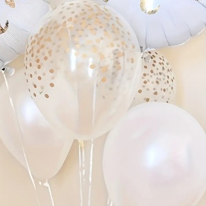 Set 12 Baloane din Folie Metalizata si din Latex, Flippy, Model Mr Mrs, Tema Nunta, Baloane Party cu Confetti, 45 cm, 30 cm, Pai inclus, Umflare cu Aer sau Heliu, Alb/Auriu - Img 4