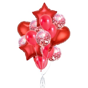 Set 14 Baloane din Folie Metalizată si din Latex, Flippy, Figurine Stea si Inima 45 cm, Baloane Latex 30 cm, Tema Buchet, Ambalaj Individual, Pai Inclus, Umflare cu Aer sau Heliu, Rosu - Img 1