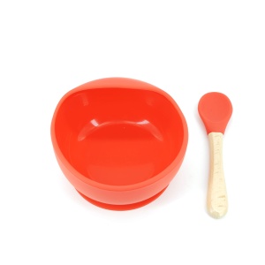 Set 2 piese diversificare bebelusi si copii din silicon Flippy, bol cu ventuza, lingurita din lemn si silicon, pentru gustari, fara alergeni, rosu - Img 1