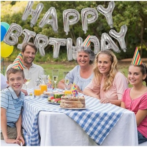 Set 25 de Baloane din Folie Metalizata si Latex, Flippy, Figurine 2 Stele, 4 Baloane Confetti, 13 Litere, 6 Latex, Model Happy Birthday, Tema Aniversare, 40 cm, Ambalaj Individual, Pai Inclus, Umflare cu Aer sau Heliu, Argintiu - Img 8