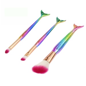 Set 3 Pensule pentru Machiaj Flippy, in Forma de Sirena, Electroplacate, Detalii Fine, Maner Ergonomic, Peri din Fibra Moale, Multicolor - Img 3