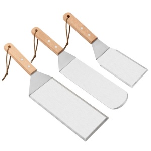 Set 3 spatule pentru gratar Flippy, din metal, margini subtiri, suprafata antiaderenta, rezistente la temperaturi ridicate, maner ergonomic din lemn, 3 forme, agatatoare, gri - Img 1