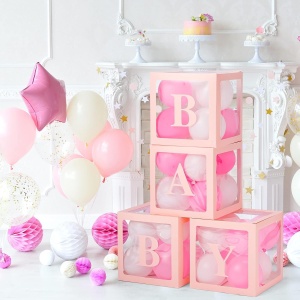Set 4 Cutii pentru Baloane, Flippy, Model Scris Baby, Tematica Iubire, Cuburi Decorative din Plastic, Accesorii pentru Petrecere, 30 x30 cm, Transparente Contur Roz - Img 6