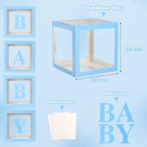Set 4 Cutii pentru Baloane, Flippy, Model Scris Baby, Tematica Iubire, Cuburi Decorative din Plastic, Accesorii pentru Petrecere, 30 x30 cm, Transparente Contur Albastru - Img 2