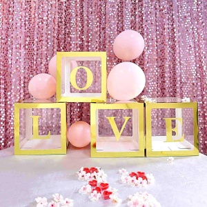 Set 4 Cutii pentru Baloane, Flippy, Model Simplu, Tematica Aniversare, Cuburi Decorative din Plastic, Accesorii pentru Petrecere, 30 x30 cm, Transparente Contur Auriu - Img 4
