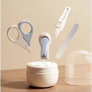 Set 4in1 de Ingrijire Unghii pentru Bebelusi, Flippy, Cutie de Depozitare Tip Borcan, 0-6 Ani, 10 x 7 x 6 cm, Alb/Gri - Img 5