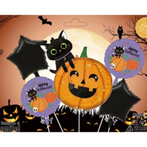 Set 5 Baloane din Folie Metalizata, Flippy, Figurine, Tema Halloween, Pai Inclus, Ambalaj Individual, Umflare cu Aer sau Heliu, Figurina Dovleac si Pisica 84x69 cm, Stelute si Cerculete 45 cm, Multicolor - Img 2