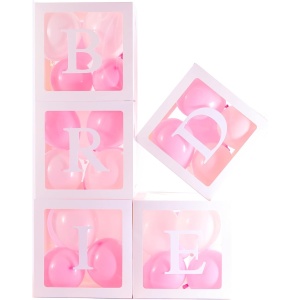 Set 5 Cutii pentru Baloane, Flippy, Model Scris Bride, Tematica Nunta, Cuburi Decorative din Plastic, Accesorii pentru Petrecere, 30 x30 cm, Transparente Contur Alb - Img 5