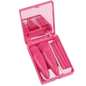 Set 5 Mini Pensule de Machiaj, Flippy, Portabile, in Carcasa cu Oglinda, din Par Sintetic Moale, Fucsia, 12x7x2.5 cm - Img 1
