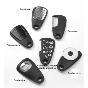Set 6 in 1 mini ustensile bucatarie Flippy, taietor pizza, cutit, curatator, razatoare, desfacator, presa usturoi, manere din ABS, lame ascutite din otel inoxidabil, 7.1 x 12.9 x 4.8 cm, negru - Img 4