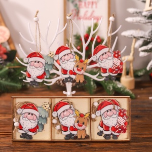 Set 9 Decoratiuni de Craciun din Lemn, Flippy, cu Snur pentru Agatare in Brad, 3 Modele, Model Mos Craciun cu Brad, Ren si Cadouri, Diferite Dimensiuni, Multicolor - Img 6