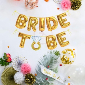 Set Baloane din Folie Metalizata, Flippy, Model Bride to Be cu Inel de Logodna, Litere de 40 cm, Baloane Party, Ambalaj Individual, Pai Inclus, Umflare cu Aer sau Heliu, Auriu - Img 2