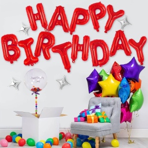 Set Baloane din Folie Metalizata, Flippy, Model Happy Birthday, Litere de 40 cm, Baloane Party, Ambalaj Individual, Pai, Ata si Adeziv Incluse, Umflare cu Aer sau Heliu, Rosu - Img 3