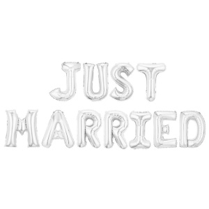 Set Baloane din Folie Metalizata, Flippy, Model Just Married, Litere de 40 cm, Baloane Party, Ambalaj Individual, Pai, Ata si Adeziv Incluse, Umflare cu Aer sau Heliu, Argintiu - Img 1