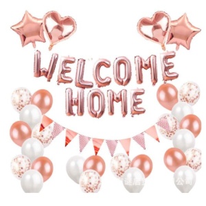 Set baloane folie si latex, Flippy, WELCOME HOME, 24 de piese, 20 baloane latex, 4 baloane stea Folie, 1 set Welcome Home, Rose gold metal