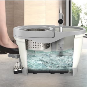 Set Galeata cu Pedala si Mop Rotativ 360°, Flippy, Cu Actiune Centrifuga x4, Pentru Uz Casnic, Maner din Otel Inoxidabil Telescopic, 2 Capte din Bumbac, 46x30x28 cm, Alb Ivoir - Img 3