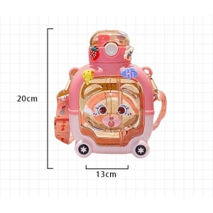 Sticla cu pai pentru copii, Flippy, model ursulet, gradata, stickere aplicate, curea reglabila, din plastic rezistent la cadere, 1l, Roz, 20 x 13 cm - Img 5