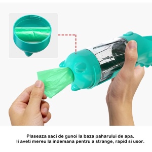 Sticla portabila 4 in 1 Flippy, pentru caini si pisici, cu 3 compartimente + lopetica, 300ml, apa, hrana, pungi igienice, lopetica, 26.7 x 9.7 x 9.4 cm, turcoaz - Img 4