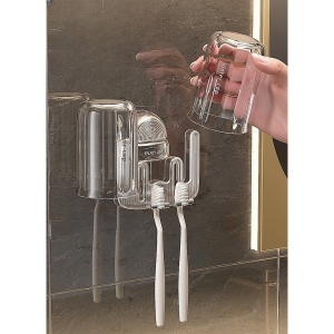 Suport Multifunctional Dublu, Pahar si Suport pentru Periuta de Dinti, Flippy, Plastic, 11 cm x 11.5 cm, Gri - Img 4