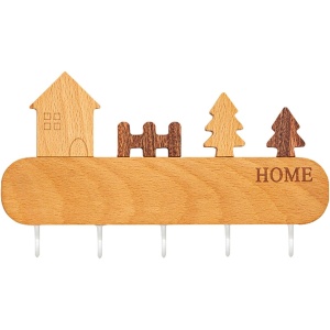 Suport pentru Chei, Flippy, din Lemn, Aplicare fara Perforare, Adeziv Inclus, 5 Carlige Albe, Model Casuta, Greutate Suportata 5 kg, 13.5 x 23 cm, Maro - Img 1