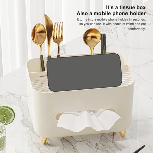 Suport pentru Servetele, Flippy, Cutie Multifunctionala, Design Minimalist, ABS, cu Suport pentru Obiectele Personale, pentru Birou, 21x15x13 cm, Crem - Img 3