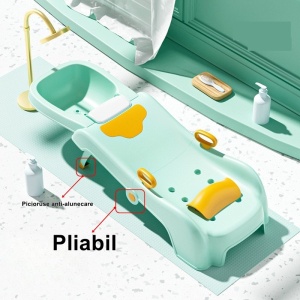 Suport Pliabil pentru Spalat Parul Flippy, Pentru Copii, cu Scurgere, cu Picioare Antialunecare, Material Polipropilena, Suport Cap Reglabil, cu Manere, 110 x 35 x 21 cm, Verde - Img 3