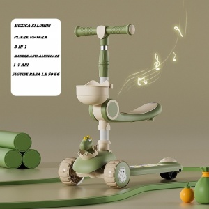Trotineta Multifunctionala 3 in 1, Flippy, pentru Copii, 1-7 Ani, cu Lumini si Muzica, Reglabil 360, Pliere Usoara, Reglarea Inaltimii, Model Dinozaur, Bej/Verde - Img 6