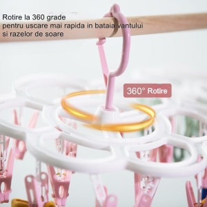 Uscator de Rufe Suspendat Flippy, cu 16 Carlige, Rotire 360 Grade, Mateiral Plastic, Usor de Depozitat, Multifunctional, 26 x 21 cm, Roz - Img 2