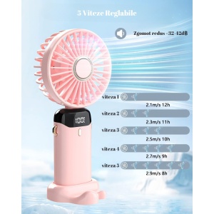 Ventilator Ultra Portabil cu Aromaterapie, Flippy, 3 in 1, de Mana, de Birou, de Gat, 5 Trepte de Viteza, Incarcare USB, Autonomie 12h, Pliabil, cu Ecran LCD, Roz - Img 2